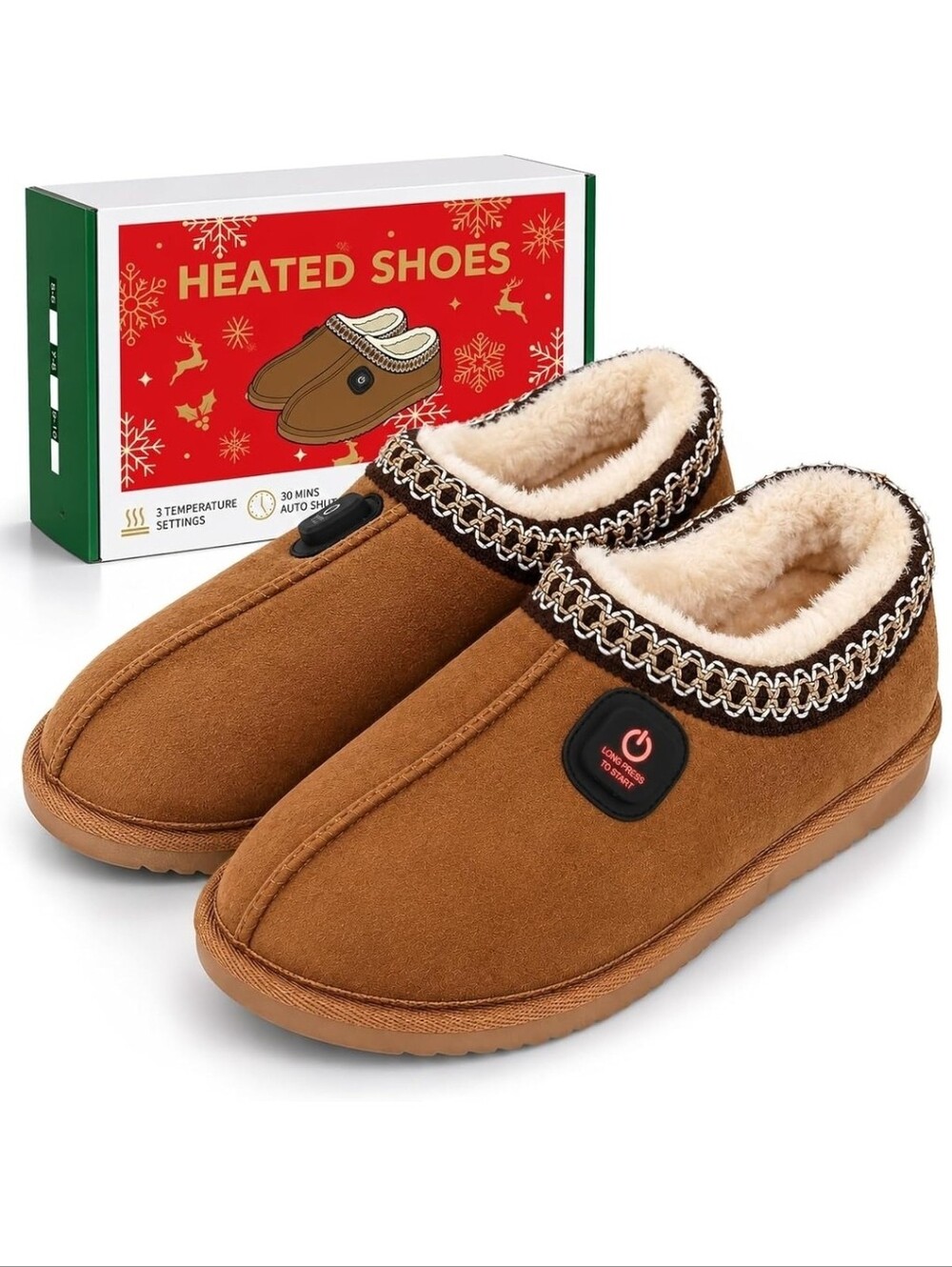 NIB Heated Slippers 3 Temperature Levels, 30‑Min Auto Faux Suede Sherpa L 9-10
